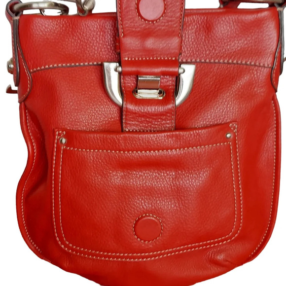 B Makowsy Red Pebbled Leather Crossbody Bag with Heavy Silver Charm - Picture 6 of 14